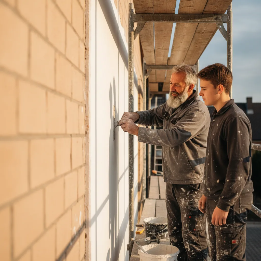 Stuckateur-Meister zeigt einem Auszubildenden das Verputzen einer Fassade