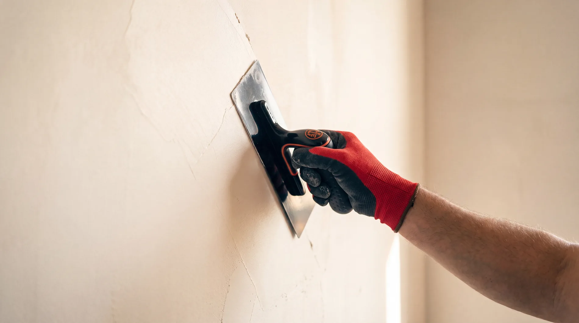 Handwerker verstreicht frischen Putz mit der Glättkelle an einer Wand